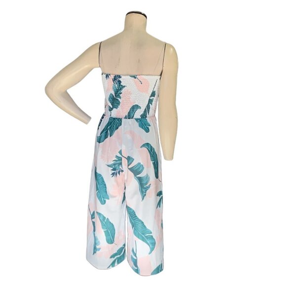 Eiffel Strapless Wide Leg Jumpsuit Sz L Tropical Floral Palm Leave Print 121A - Picture 7 of 11